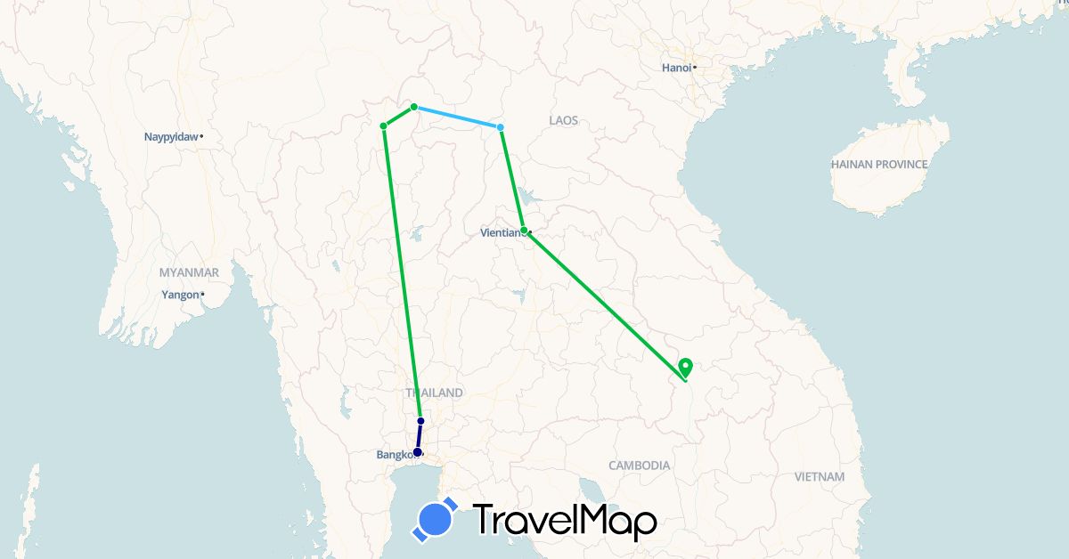 TravelMap itinerary: driving, bus, boat in Laos, Thailand (Asia)